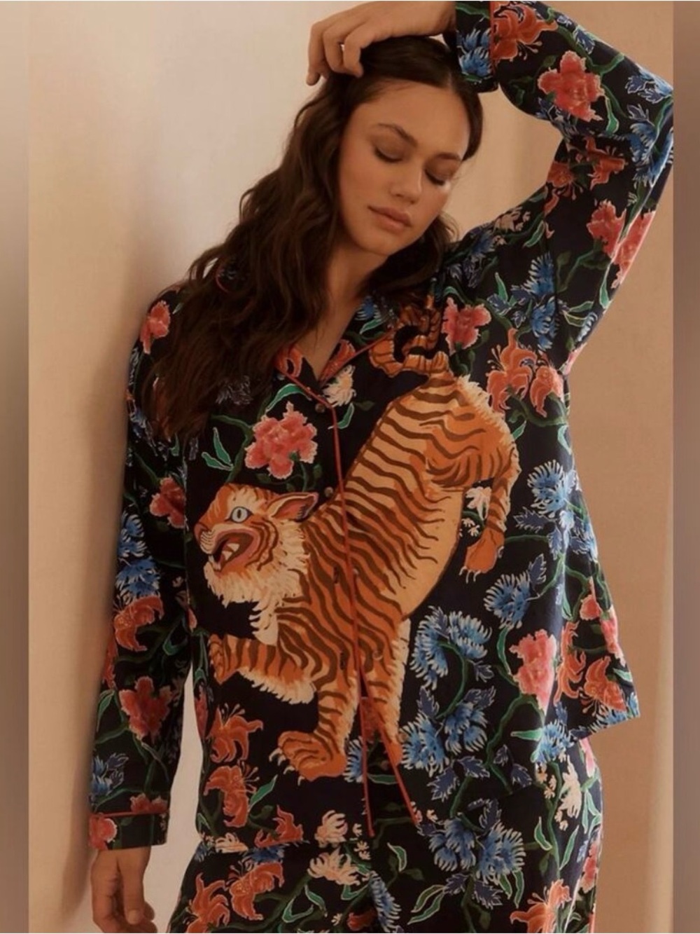 2 pc Set LyreBird Cloud Flannel Pajama Top and Pants Set Anthropologie Tiger - Picture 3 of 4